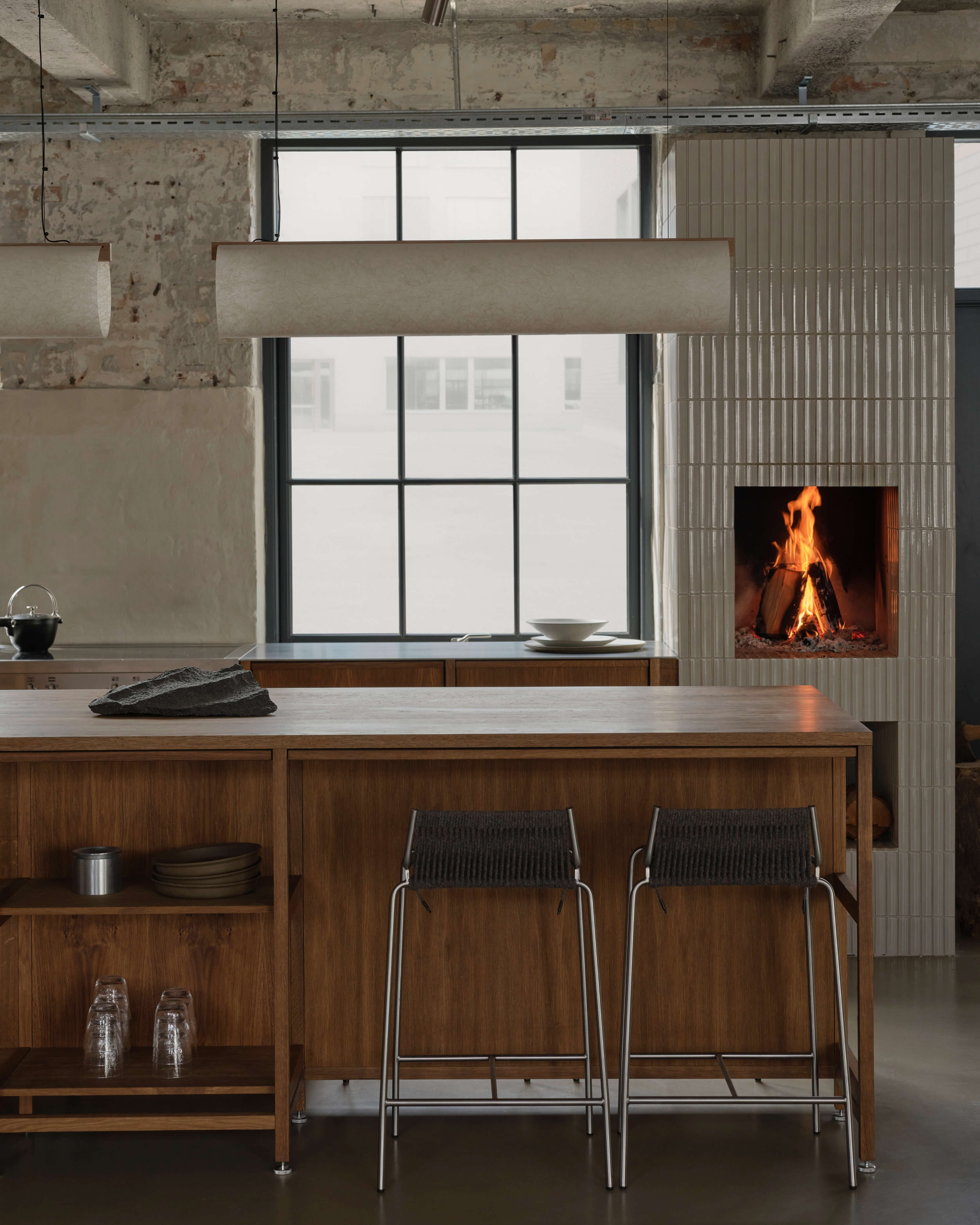 Enso Raw pendant in washi paper with solid oak joinery, styled in a warm and modern kitchen interior by Motarasu