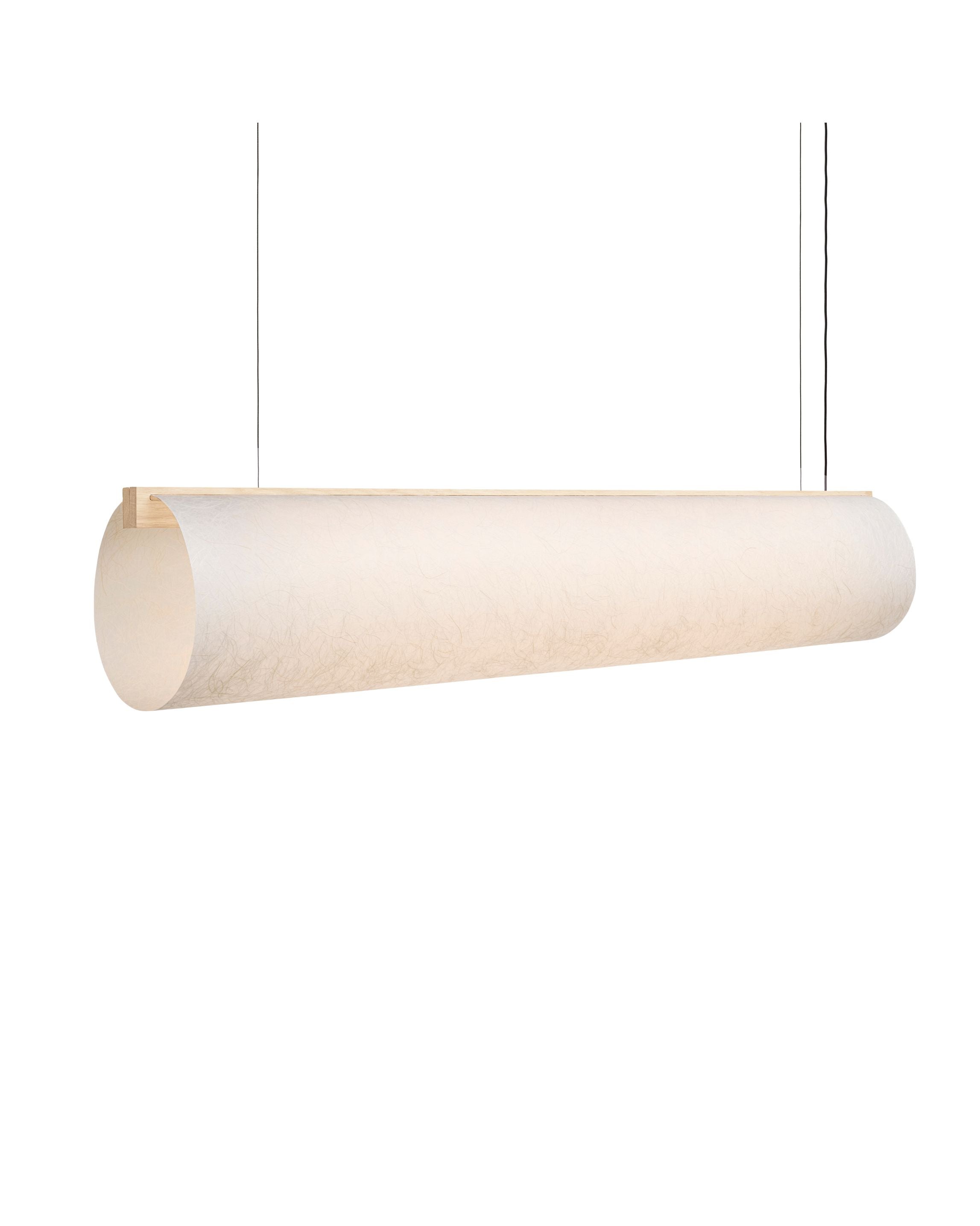 Enso Raw pendant in washi paper and oak with light on, side view showing layered oval shape on white background by Motarasu
