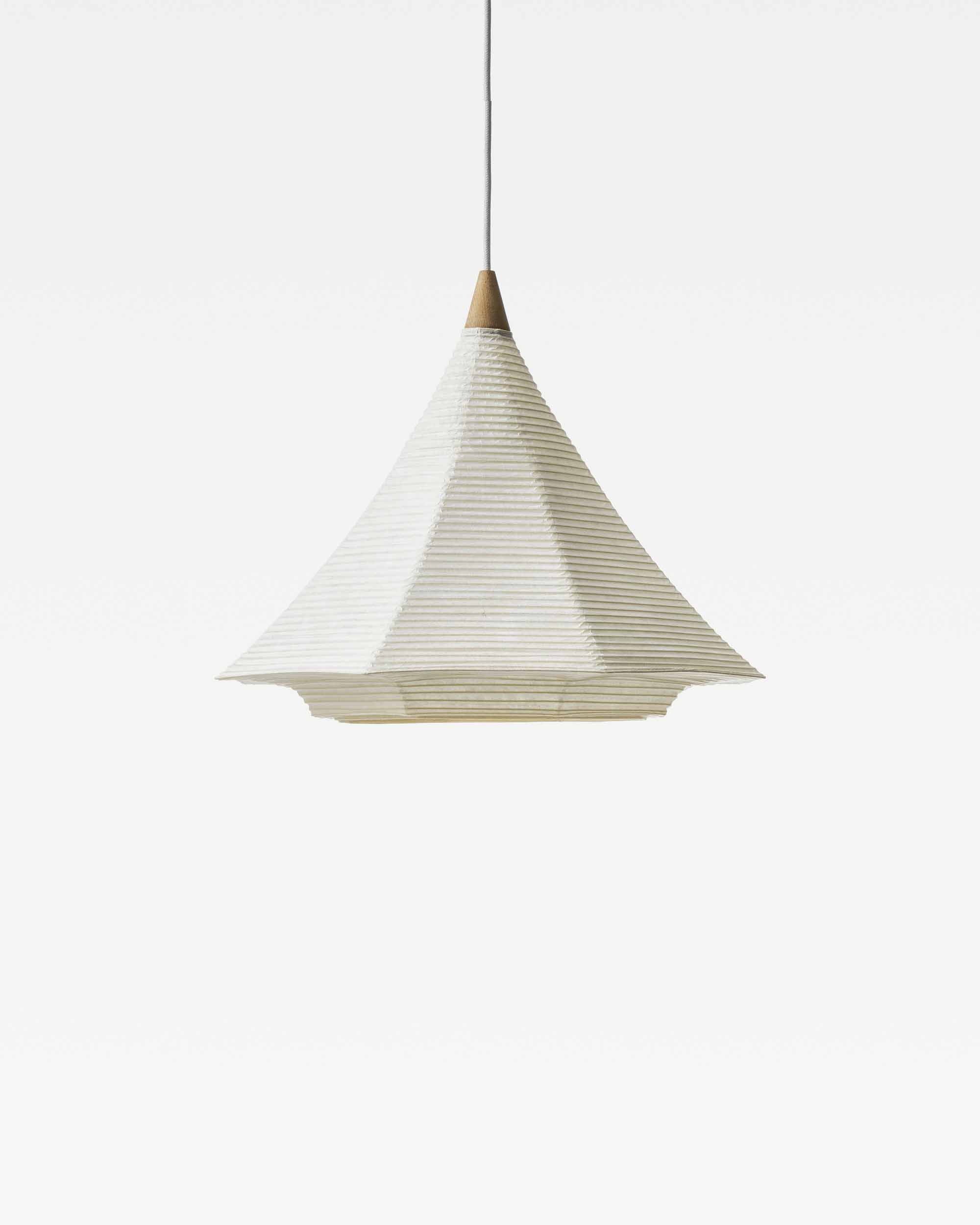 Motarasu Fuji washi paper pendant light, white Japanese paper lampshade. Cone shaped.