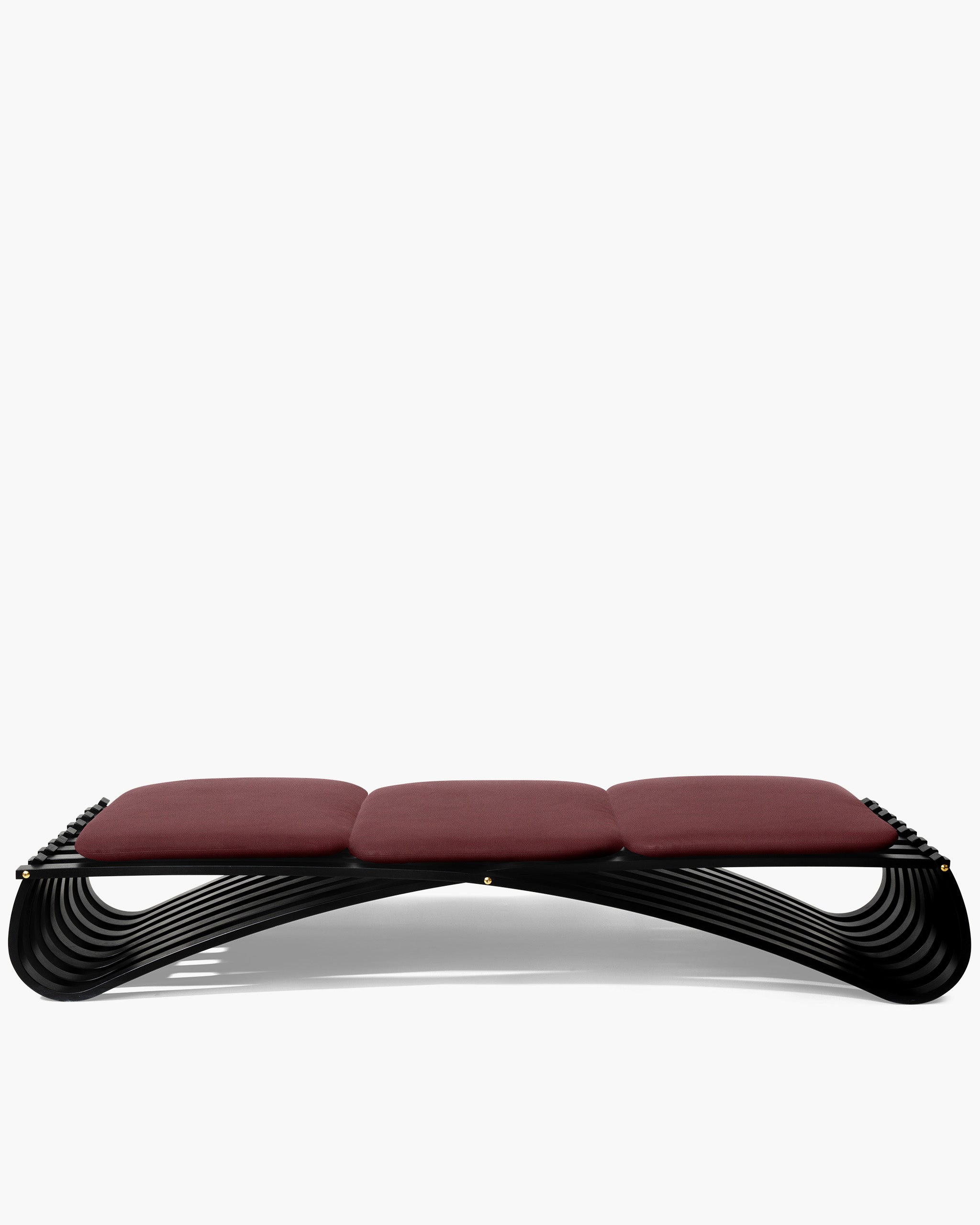 Jundo daybed in black matt beech veneer with three beige cushions in sunniva textile, side view on white background by Motarasu