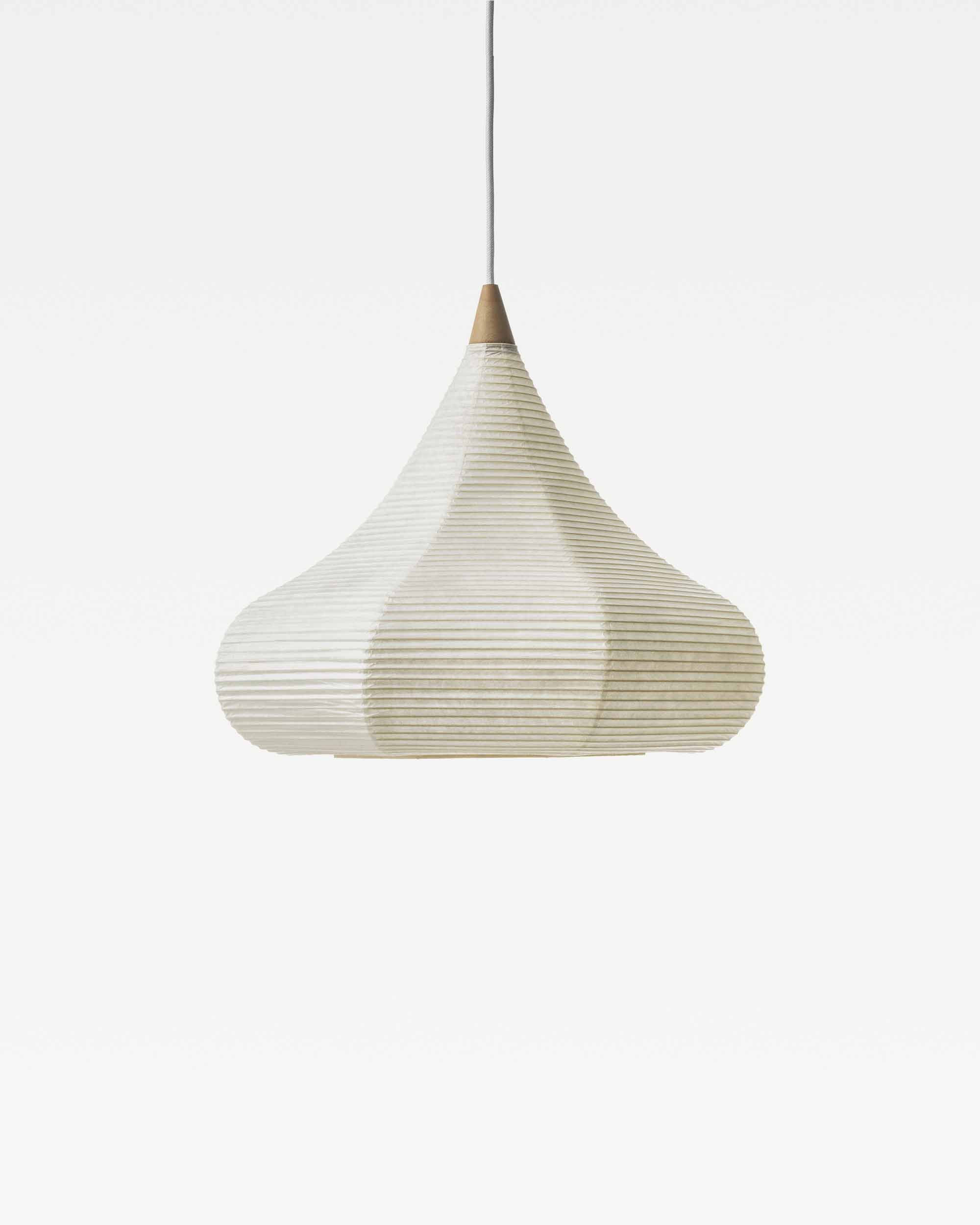 Shizuku pendant in creme coloured washi paper with natural oiled Hiba wood cone and light off, full silhouette on white background by Motarasu