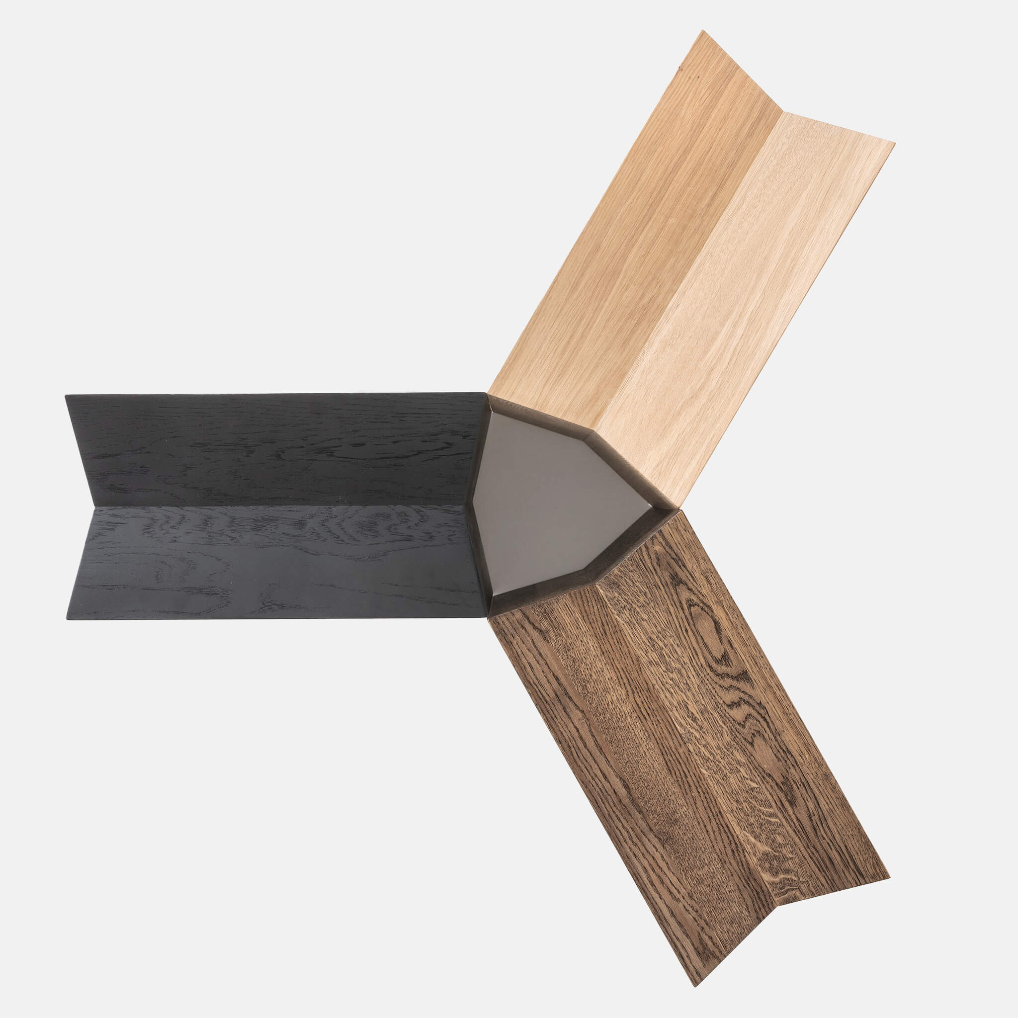 Three oak stools next to each other, top view