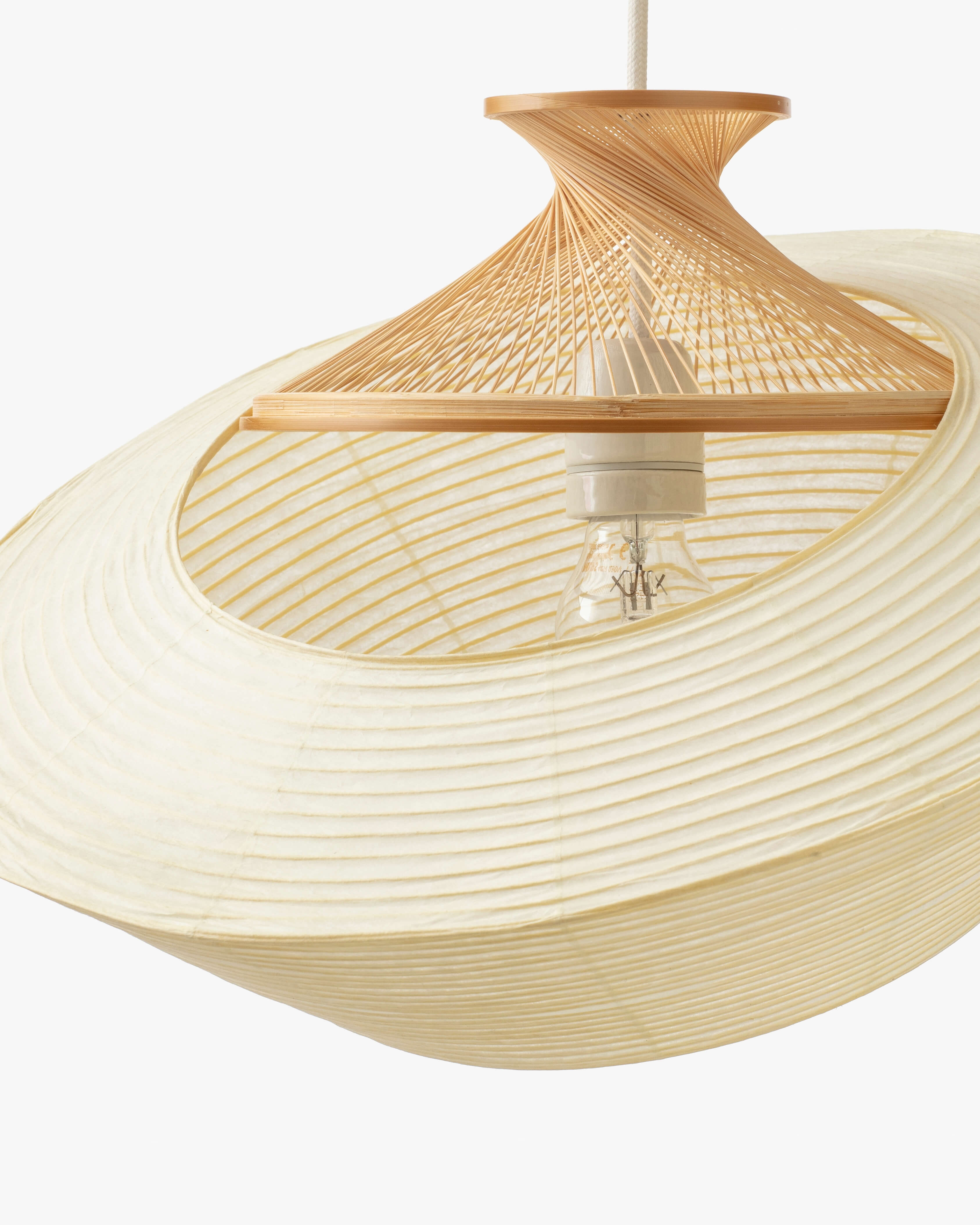 Ron pendant in washi paper and Hiba wood close up of construction on white background by Motarasu
