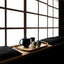 Wooden tray holding a tea set, placed by the window , in dim lighting
