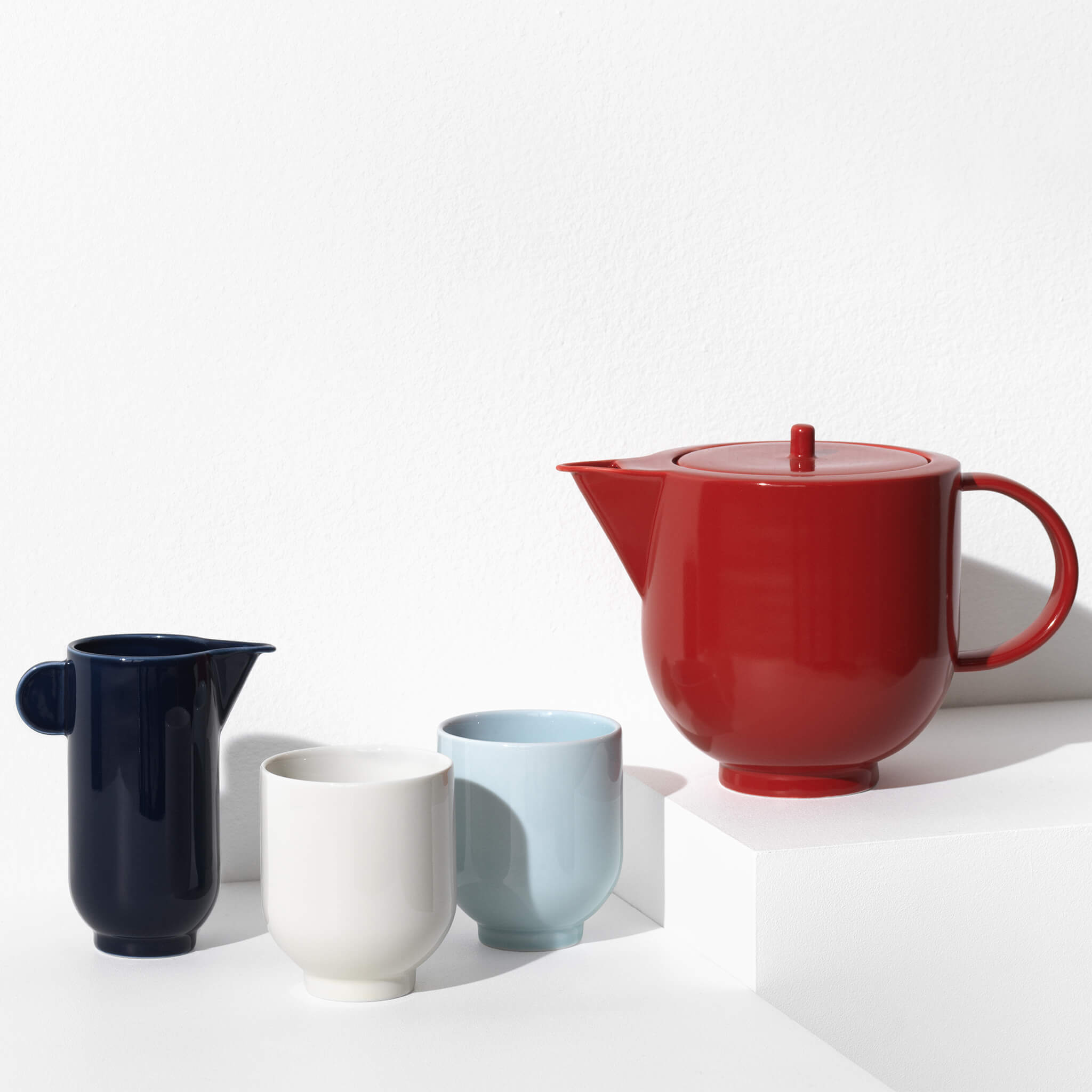 Close up of porcelain tea set, side view