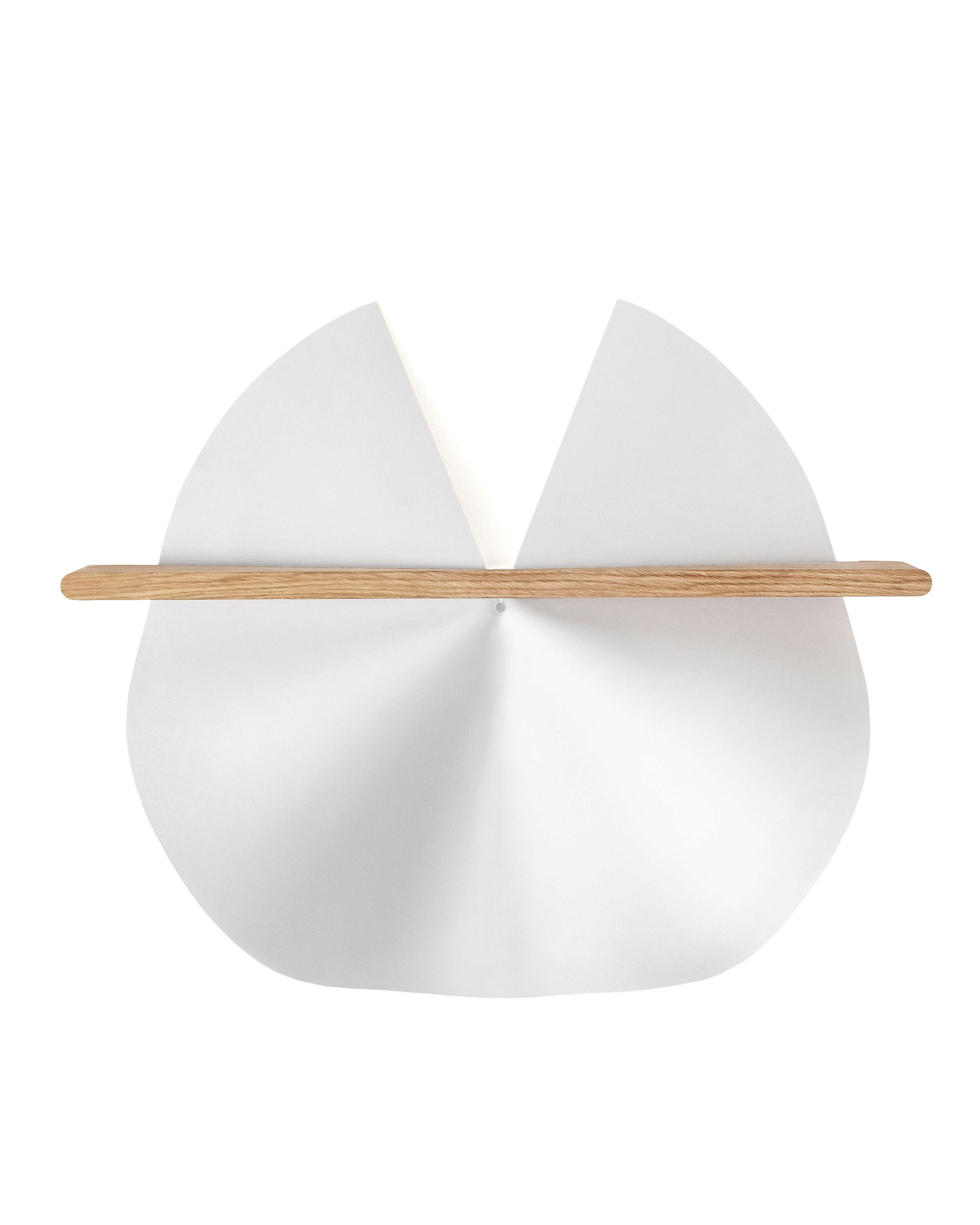 Dawn wall lamp in washi paper and oak and light on, closed circular form on white background front view by Motarasu