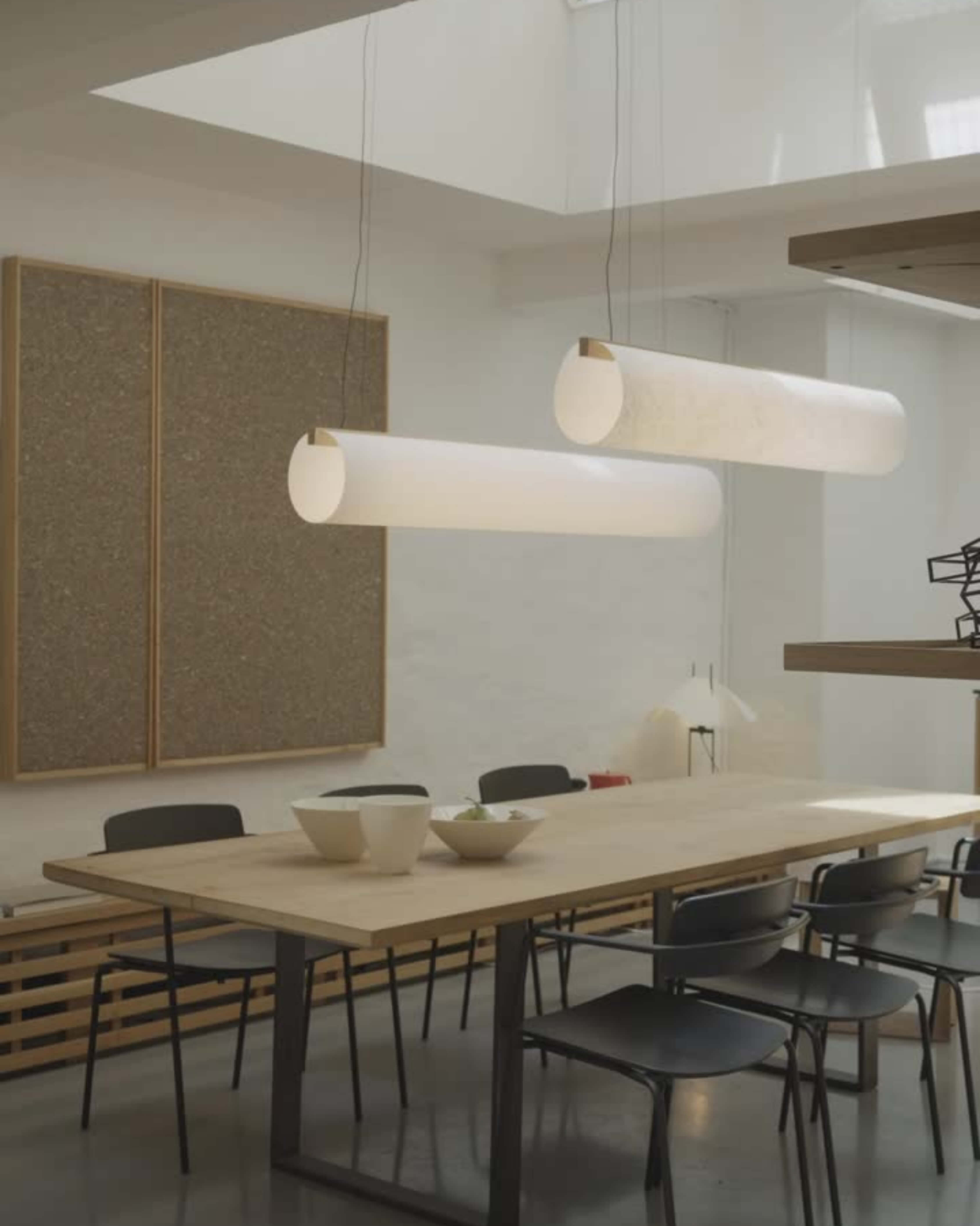 Enso Pendants in washi paper and oak, styled in a large modern interior by Motarasu