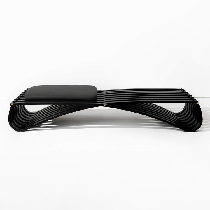 Black wooden daybed with one dark textile cushion, front view