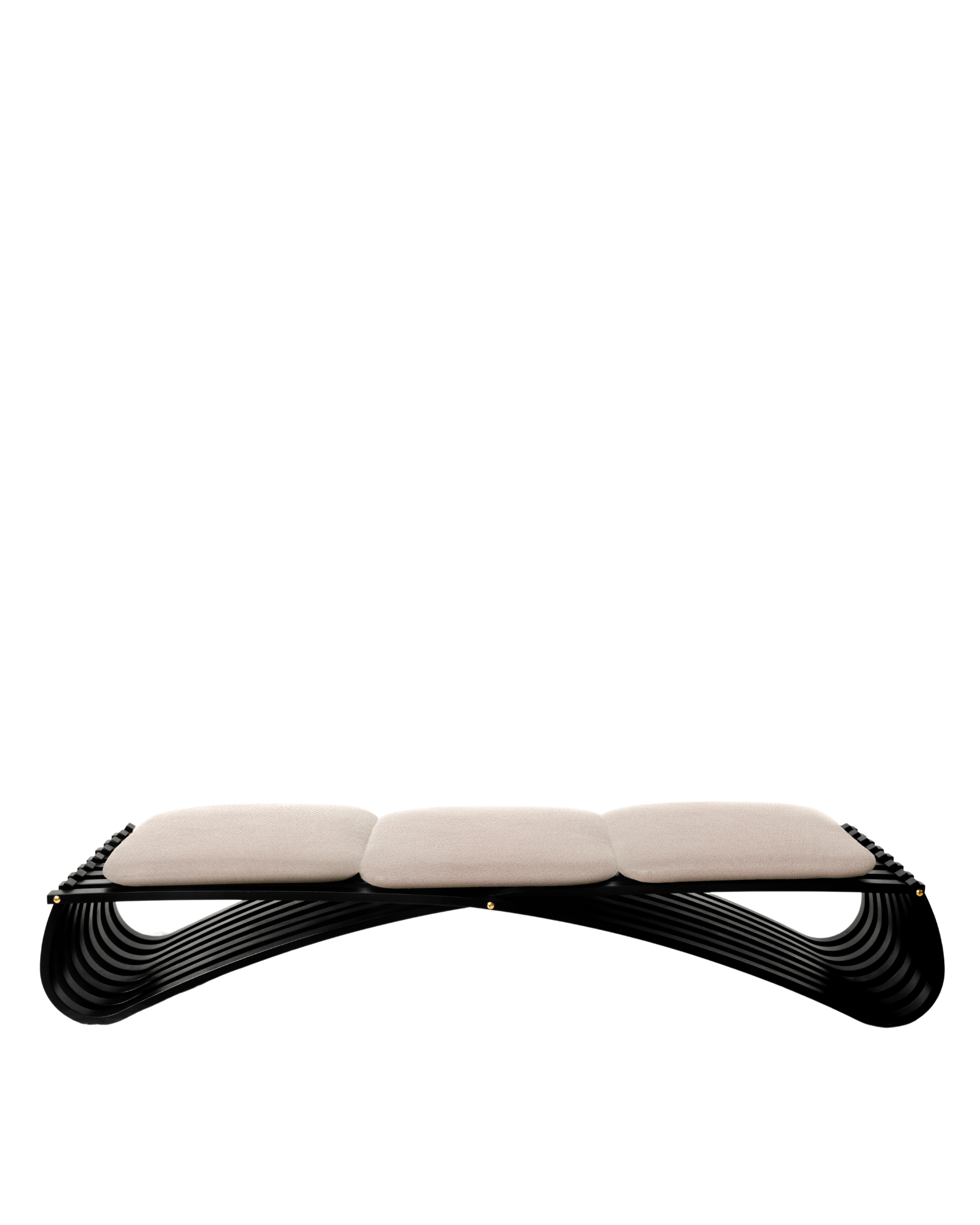 Jundo daybed in black matt beech veneer with three beige cushions, side view on white background by Motarasu