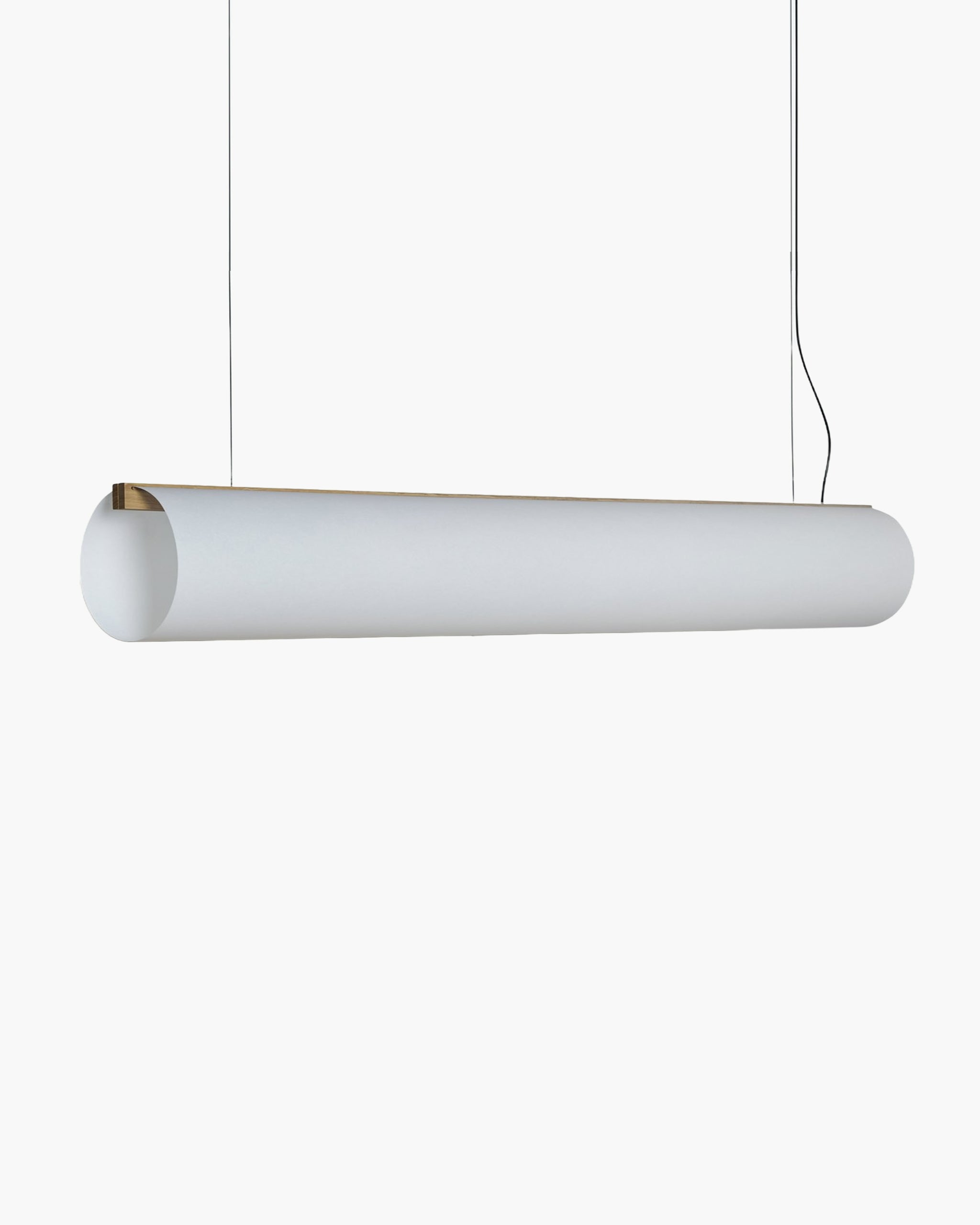 Enso Linear Pendant 150 cylindric pendant in washi paper with solid oak joinery, natural finish on light background by Motarasu
