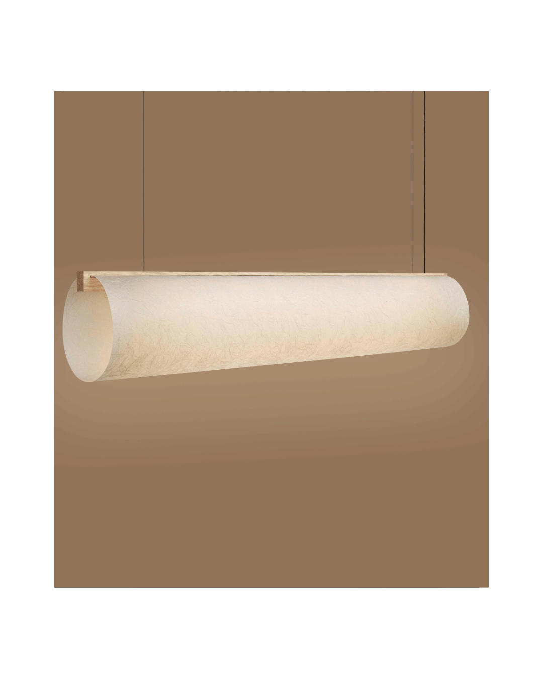 A modern cylindrical pendant light with a textured off-white shade, suspended horizontally in washi paper