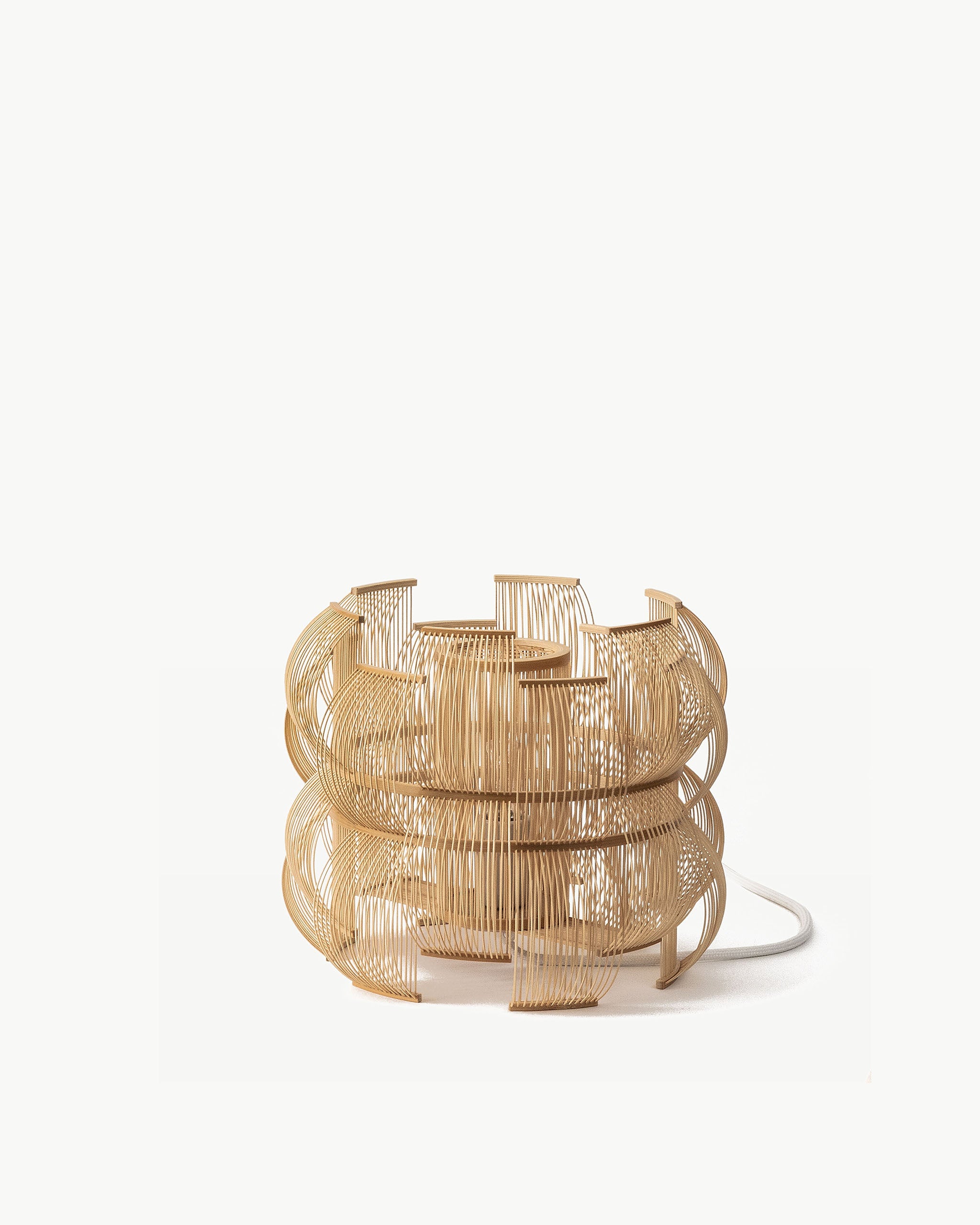 Sen table lamp in handcrafted bamboo with light off, full silhouette on white background by Motarasu