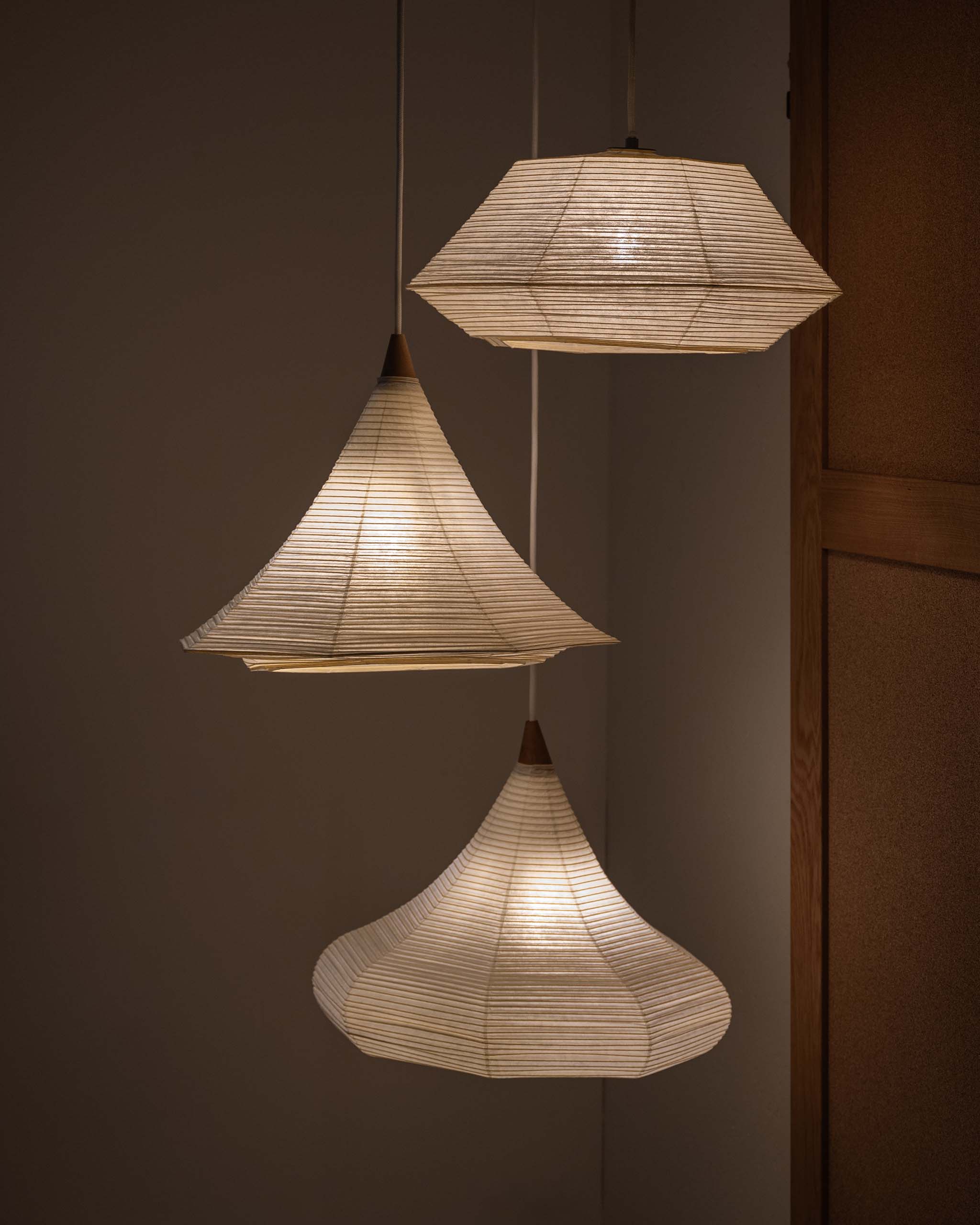 Cluster of paper lanterns placed close to each other. Fuji, Shizuku and Tama