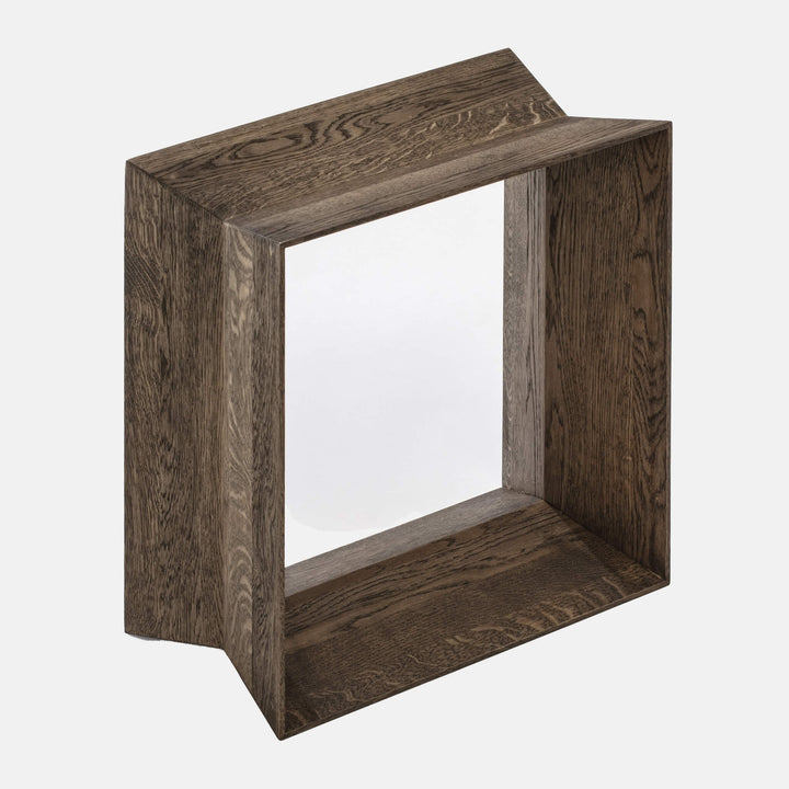 Close up of a dark brown oak stool with visible grains of wood